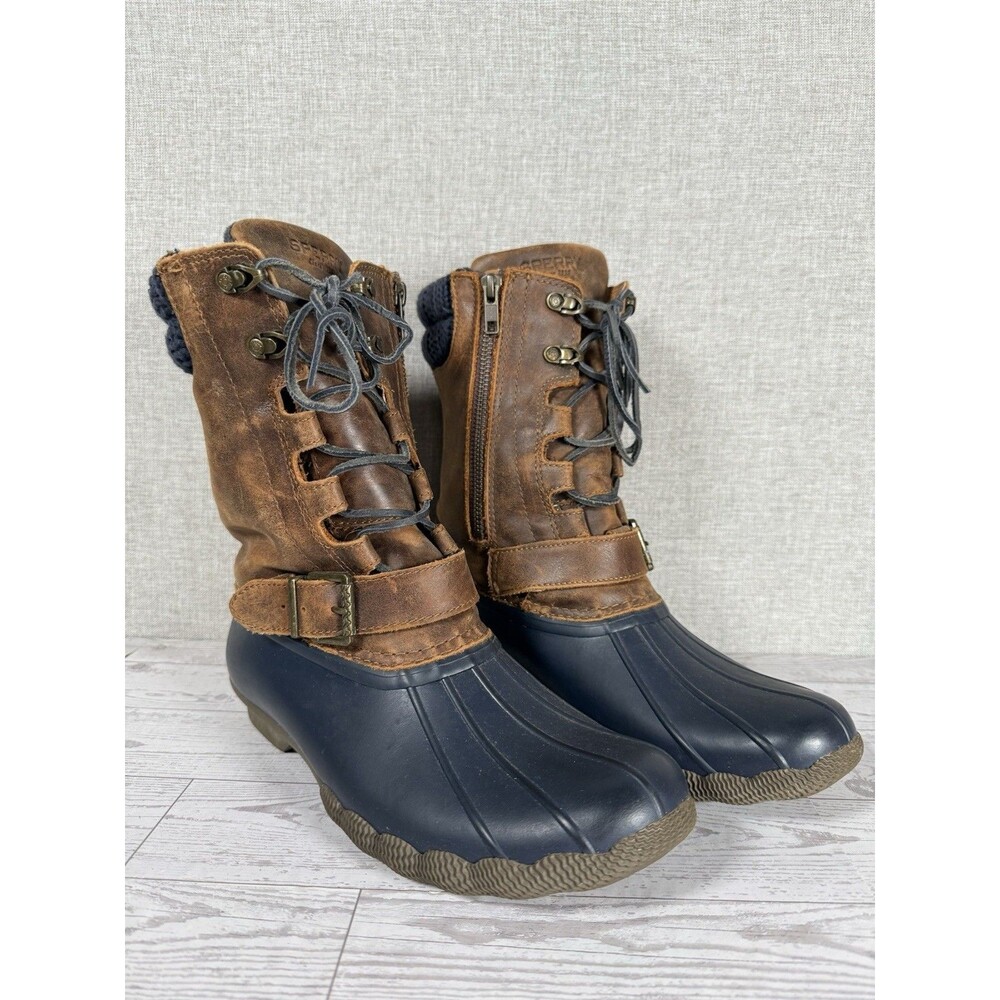 Sperry Saltwater Misty Buckle Duck Boots Women 10M Brown Navy Waterproof Leather